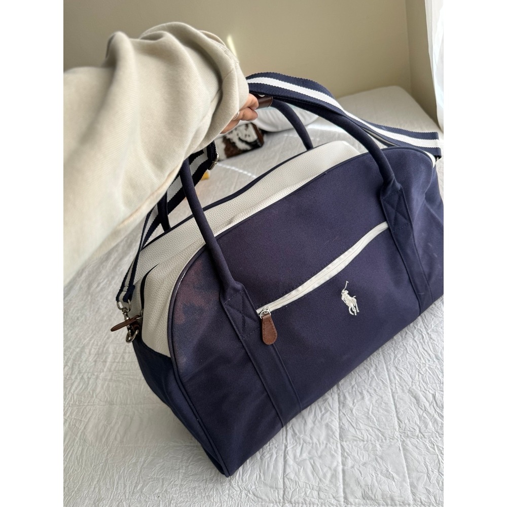 Ralph Lauren Navy Blue Canvas Cream Duffel Bag Weekender Travel Tote